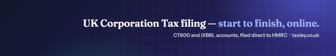 Taxley banner: UK Corporation Tax filing, start to finish, online.