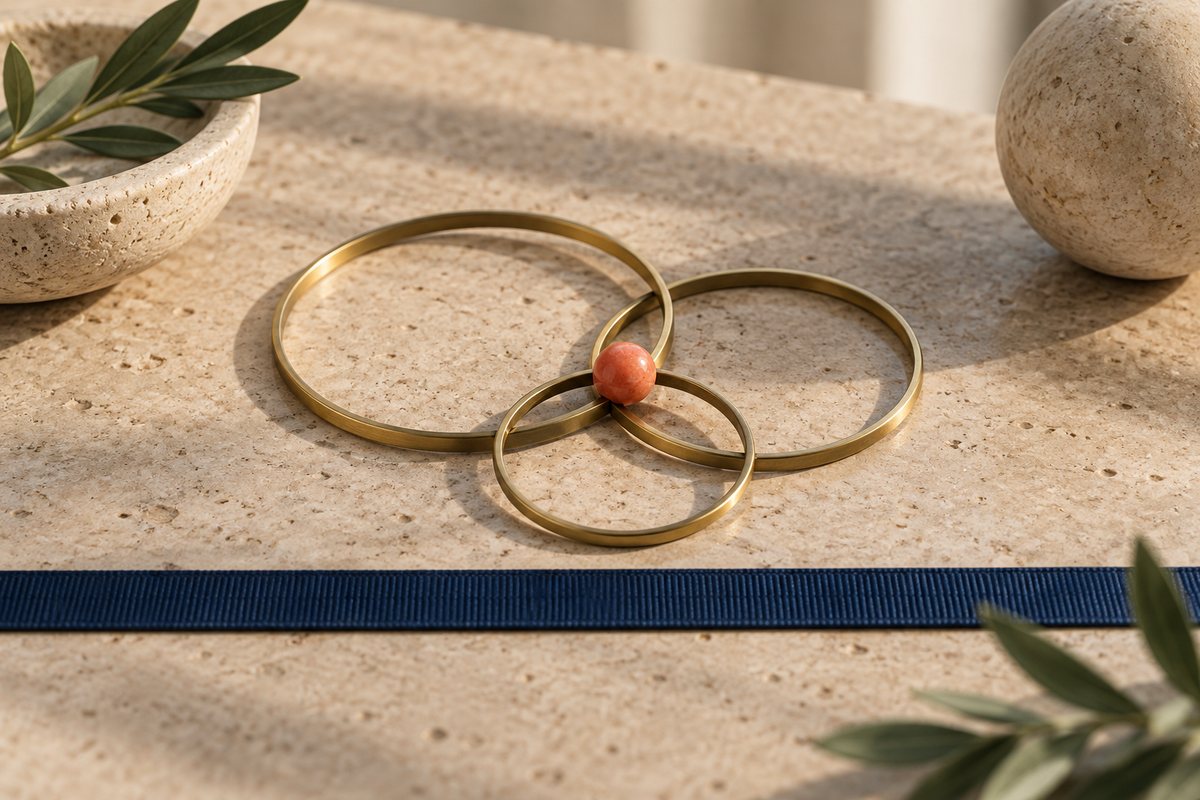Three overlapping brass rings of different sizes with a coral bead where they meet, above a navy ribbon.
