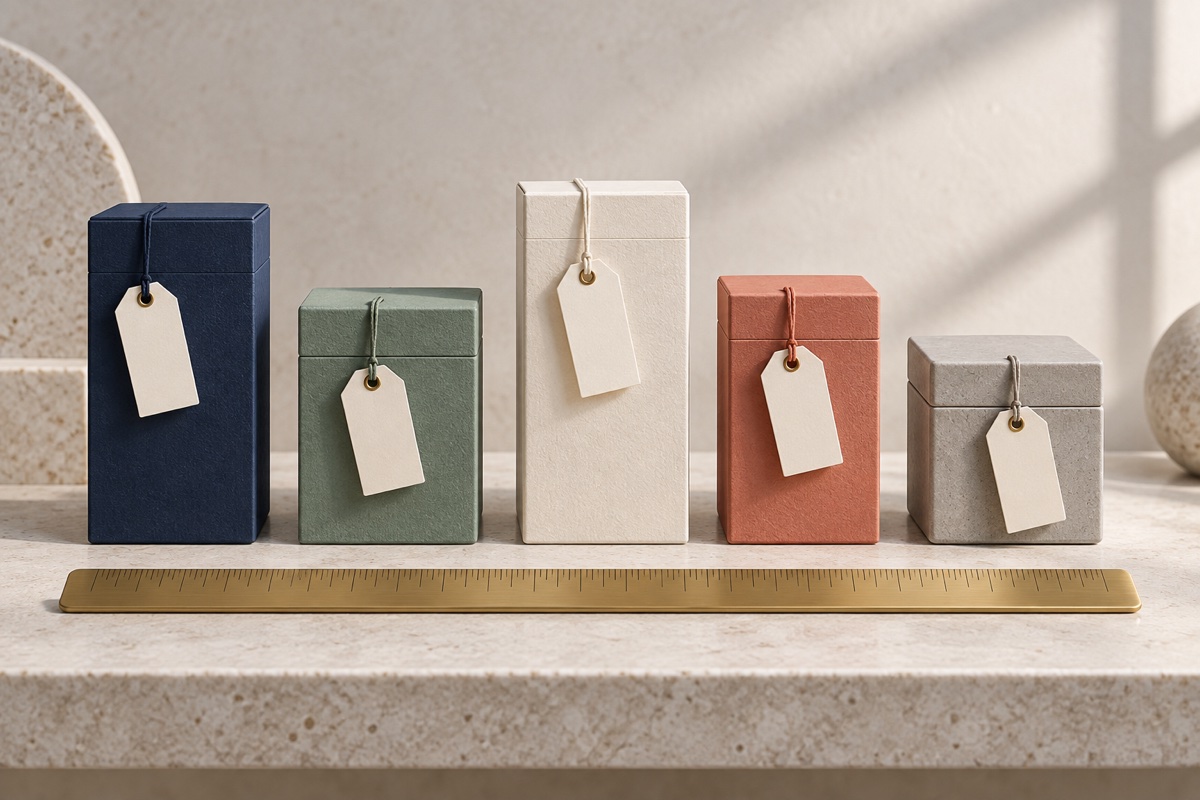 Five tagged software boxes of different sizes lined up behind a brass measuring rule.
