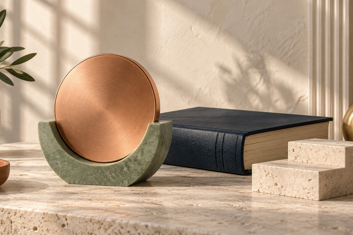 Unmarked copper disc in a green cradle beside a closed navy ledger and ivory steps.