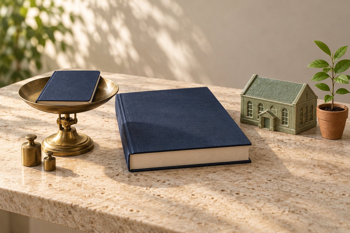 Slim navy booklet on a brass scale pan beside a much thicker ledger and a small green model community hall.