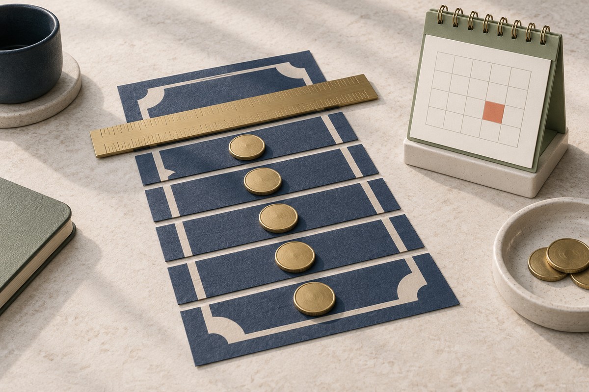 Navy bill divided into equal strips with one coin on each, beside a desk calendar with one day marked.