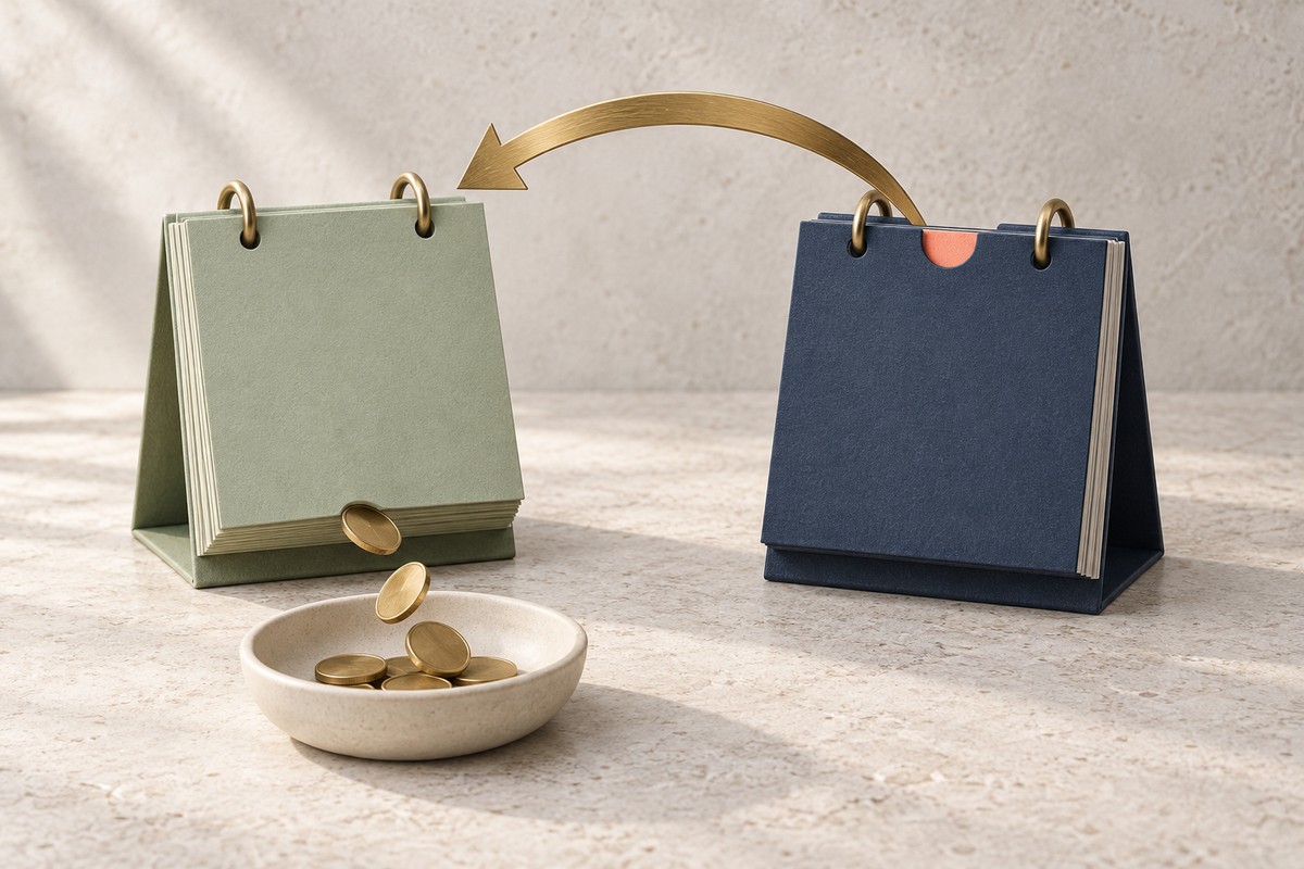 Brass arrow curving back from a navy desk calendar to a green one, with coins dropping into a ceramic dish.