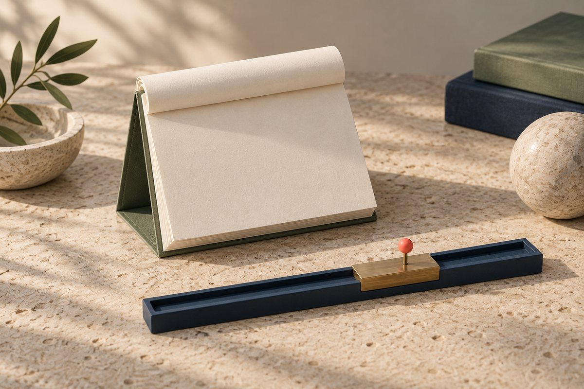 Blank desk calendar beside a navy track with a brass slider and a coral pin marking a new position.