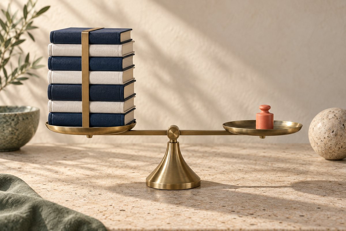 Tall banded stack of navy and cream books balanced on a brass scale by one small coral weight.