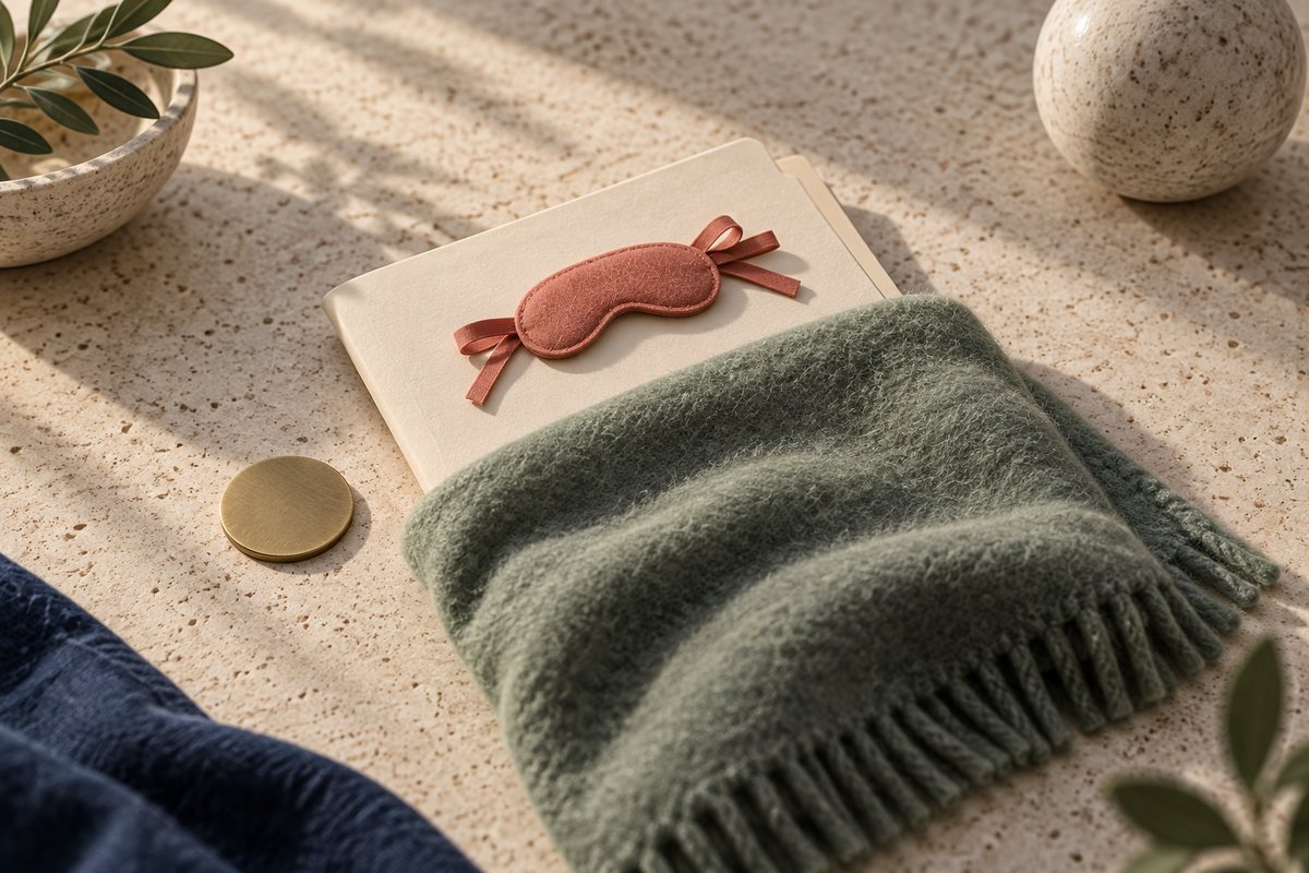 Cream folder tucked under a sage blanket with a coral sleep mask and one brass coin beside it.
