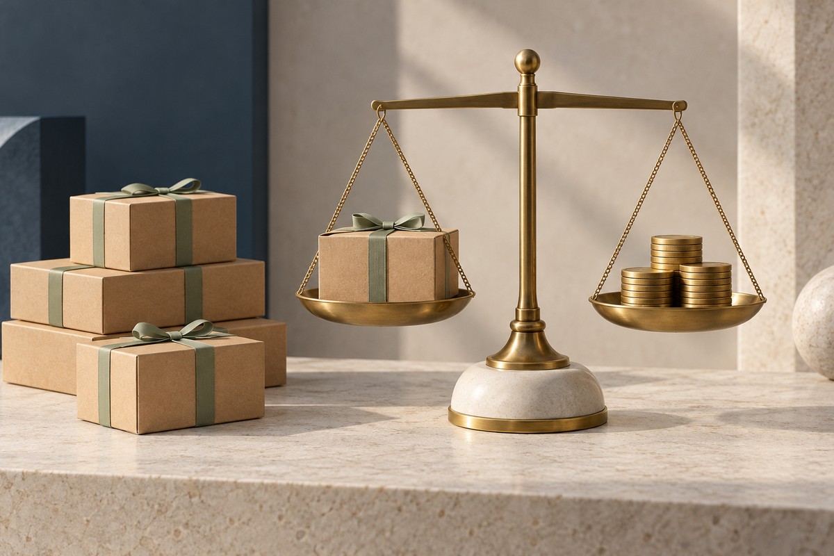 Stacks of plain product boxes tied with ribbon beside a brass scale weighing one box against coins.