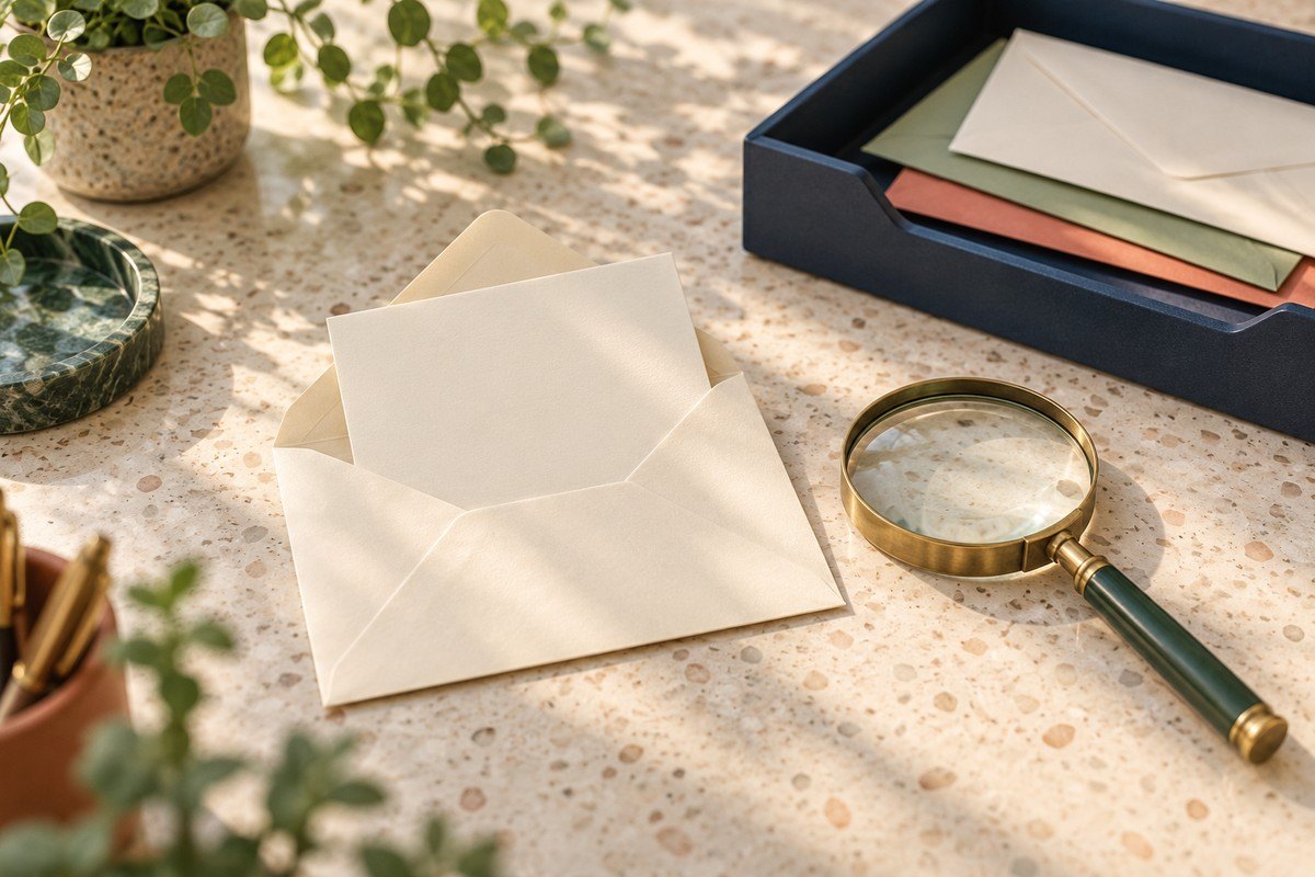 Opened envelope and a magnifying glass on a desk beside a tray of letters.