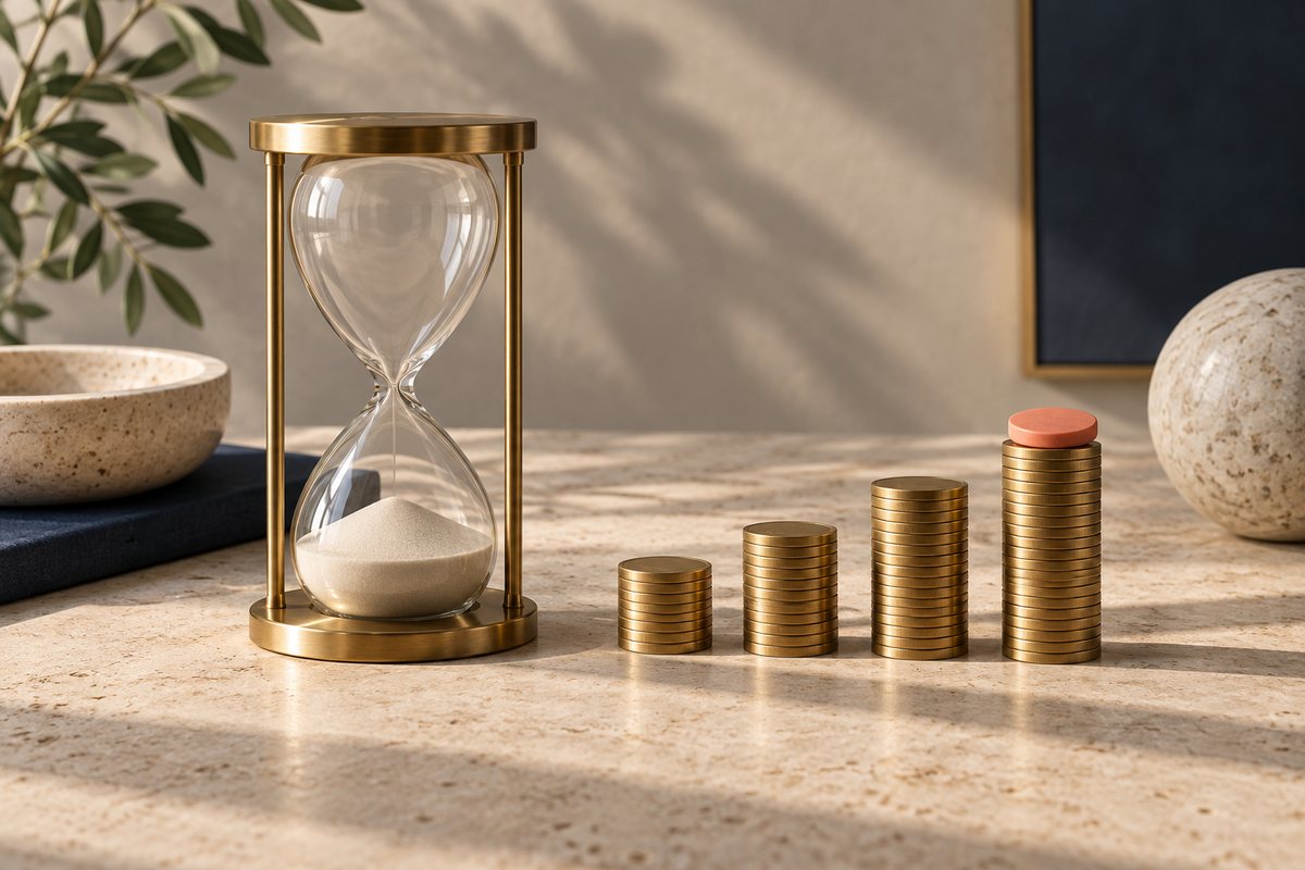Brass hourglass with the sand run through beside four coin stacks rising in height to a coral token.