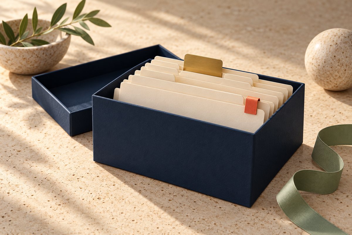 Open navy archive box of cream folders with one brass index tab raised and a coral clip, beside a sage ribbon.