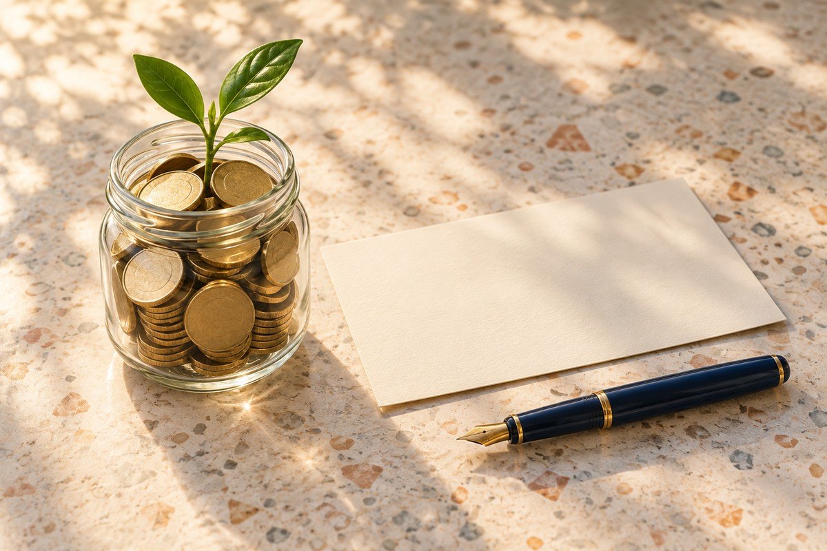 Glass jar of coins with a small green sprout beside a blank bank statement and a pen.
