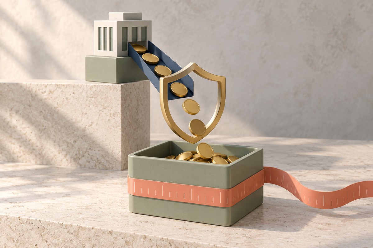 Coins flowing down a chute from a small company block through a brass shield into a green holding box wrapped in a measuring ribbon.