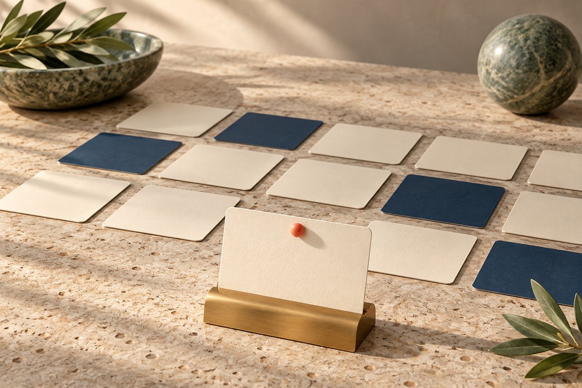 Rows of cream and navy cards on a stone table with one card standing in a brass holder, marked by a coral pin.