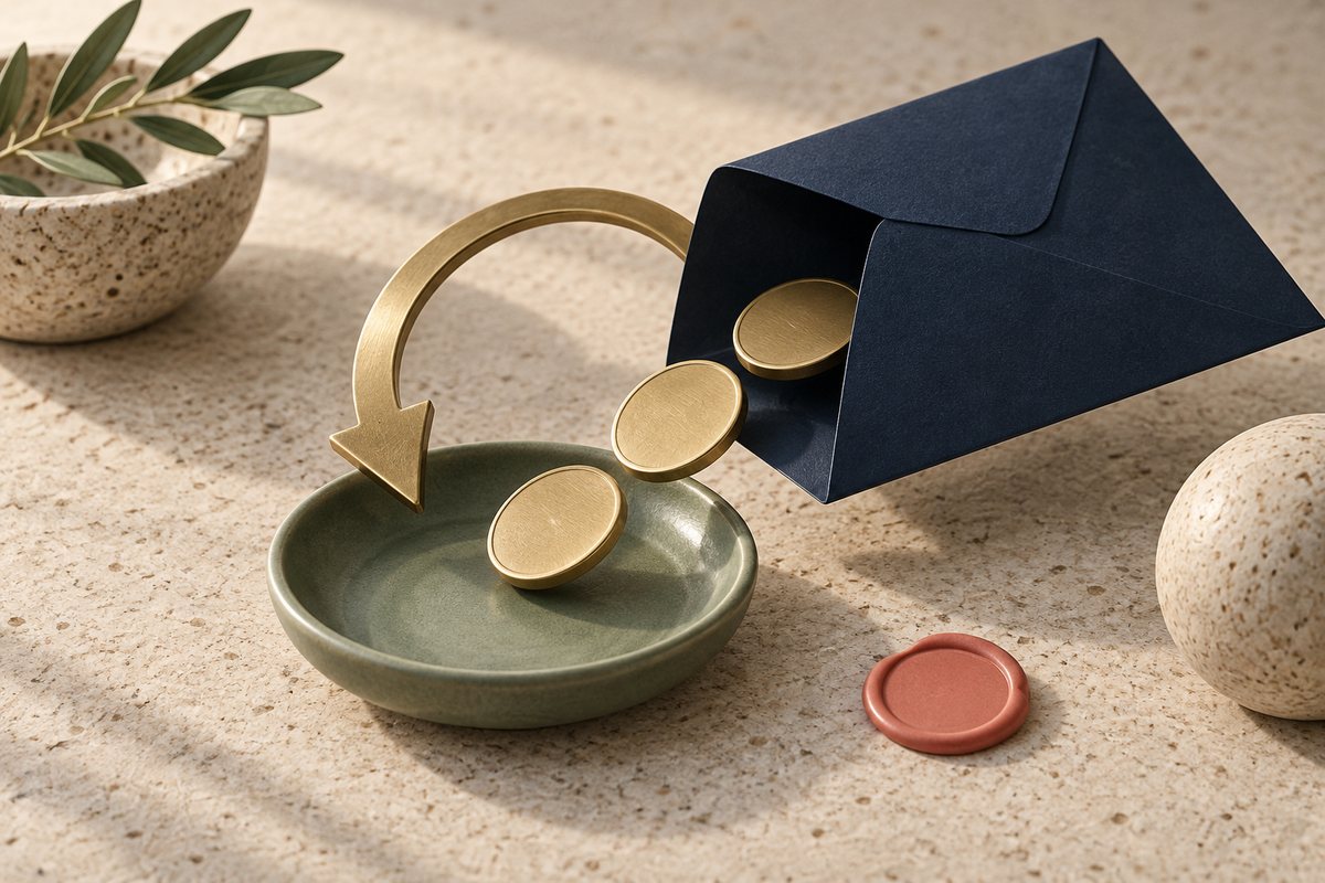 Brass coins sliding from a navy envelope back into a sage dish under a curved brass arrow.