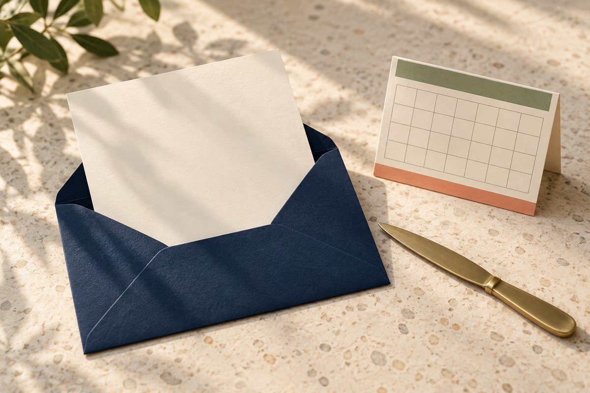 Blank letter sliding out of a navy envelope next to a letter opener and a desk calendar.