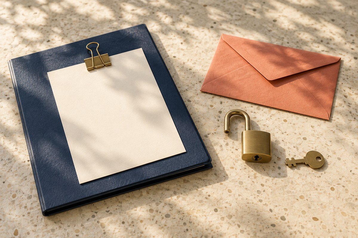 Navy filing folder beside an open brass padlock and a key that does not fit, with a returned envelope.