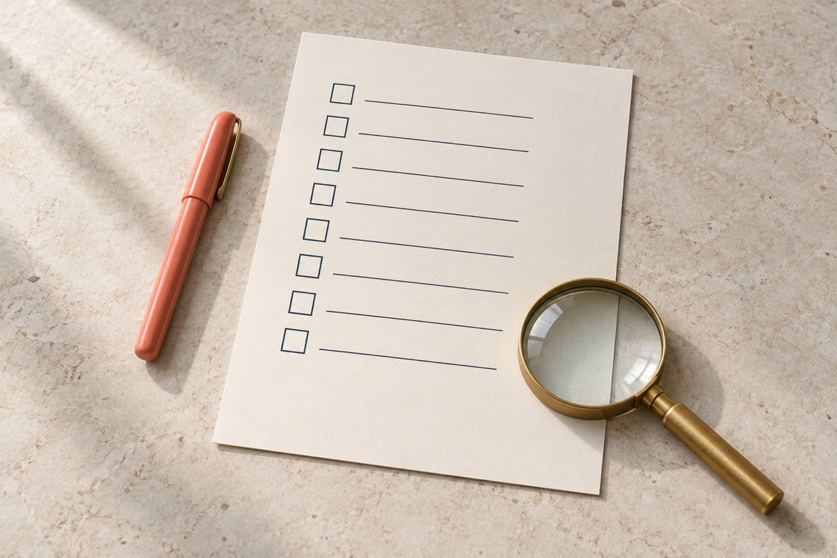Form with a column of empty tick boxes beside a coral pen and a brass magnifying glass.