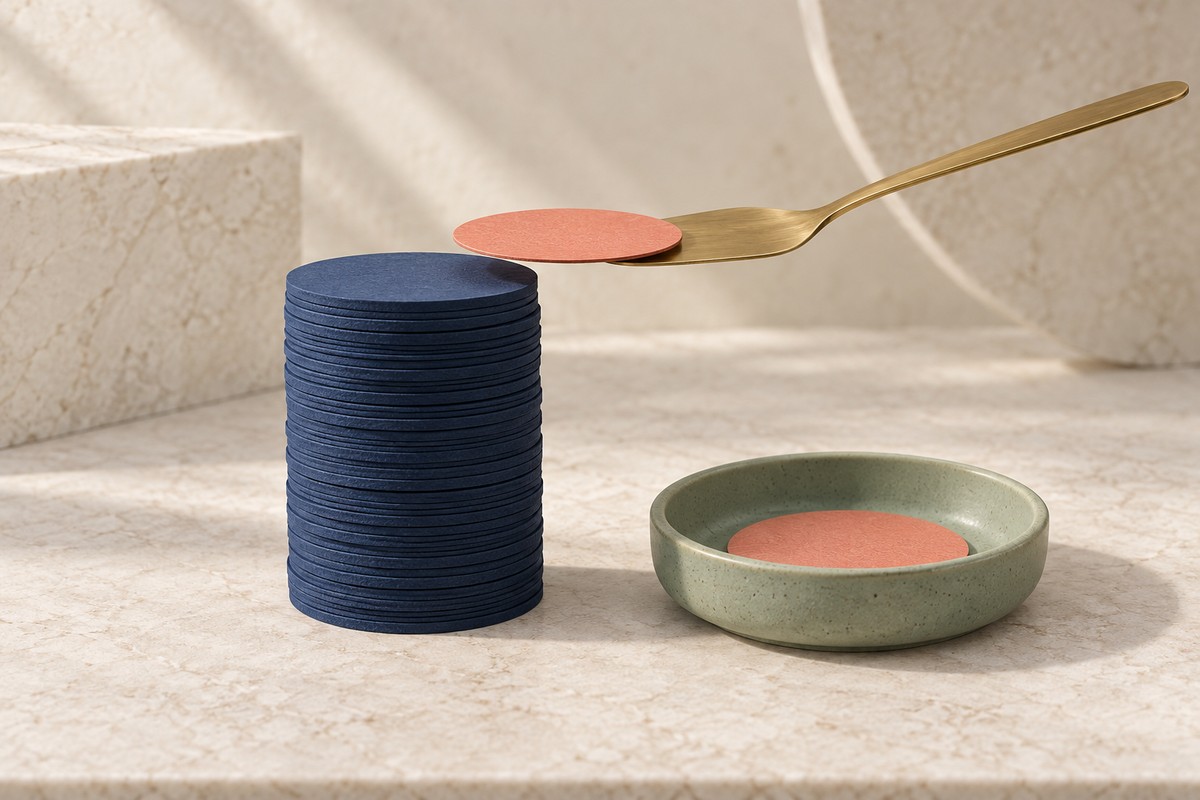 Brass spatula lifting a coral layer off a tall navy stack of sales discs into a small ceramic dish.