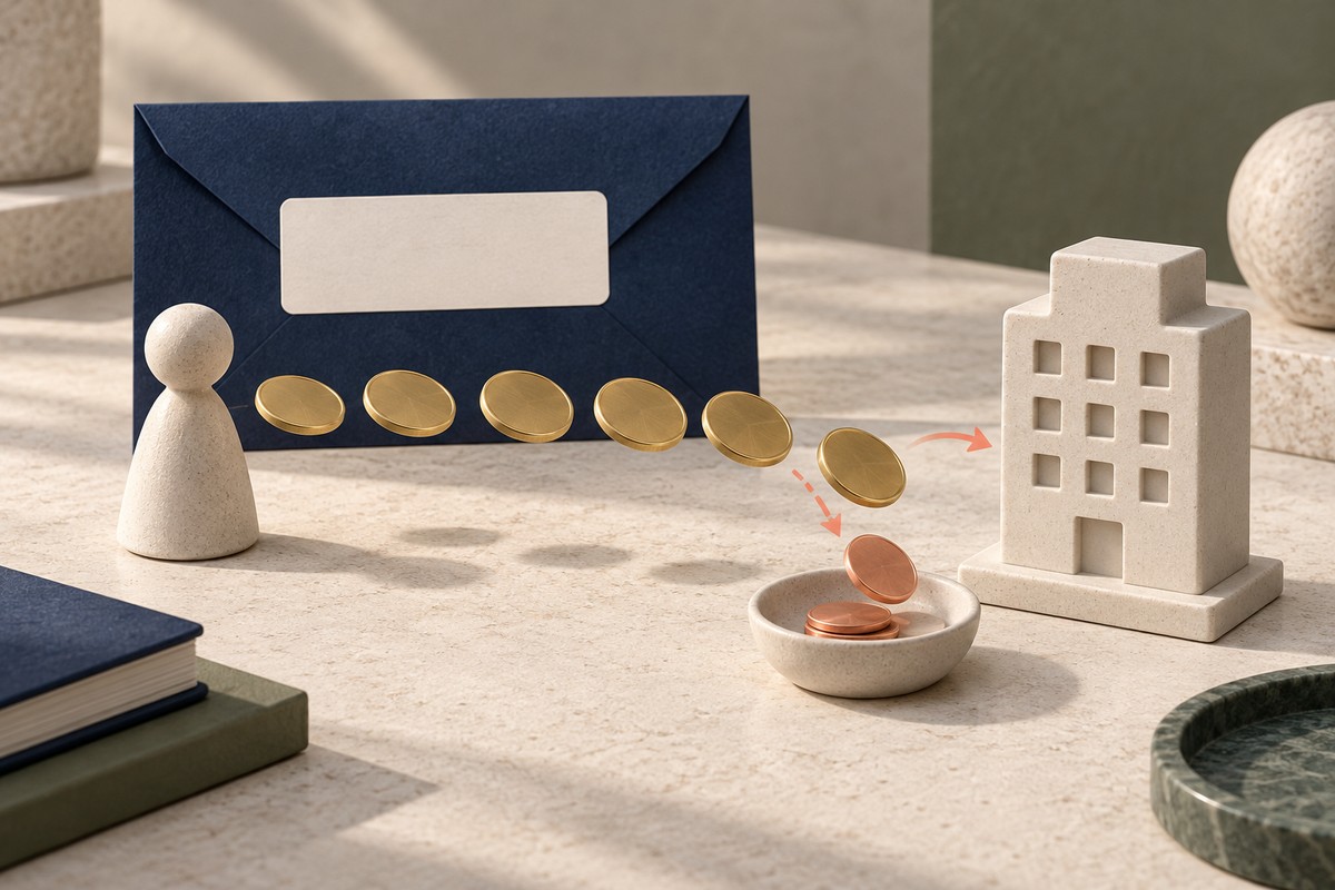 Coins passing from a small person token towards a company block, with a few set aside in a dish.