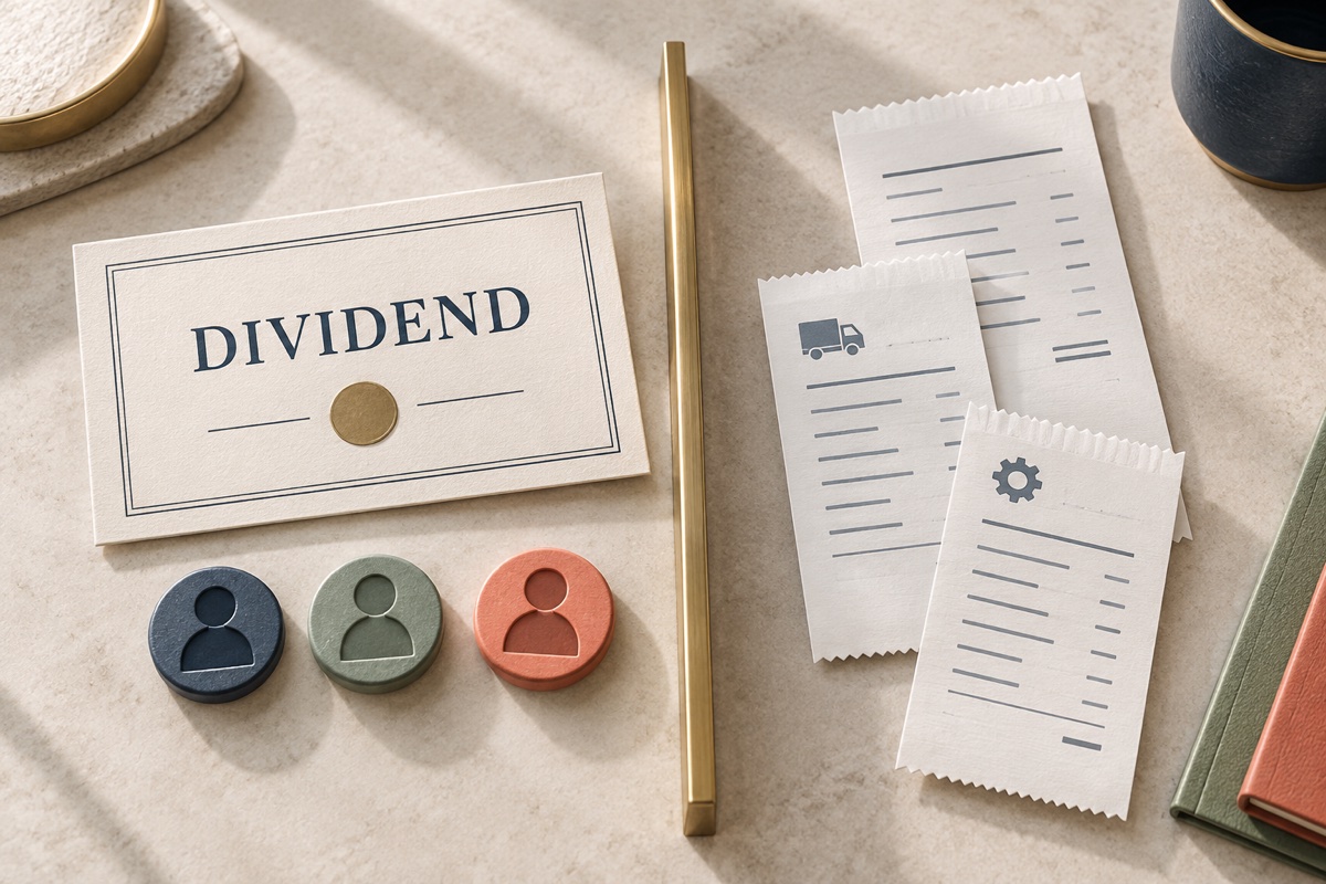 Dividend paperwork and shareholder tokens separated from operating-expense receipts.
