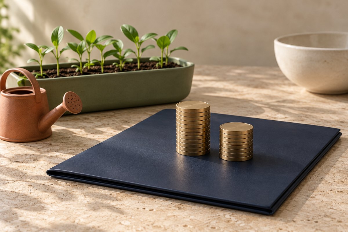 Two stacks of plain brass coins on a navy folder beside a planter of seedlings and a terracotta watering can.