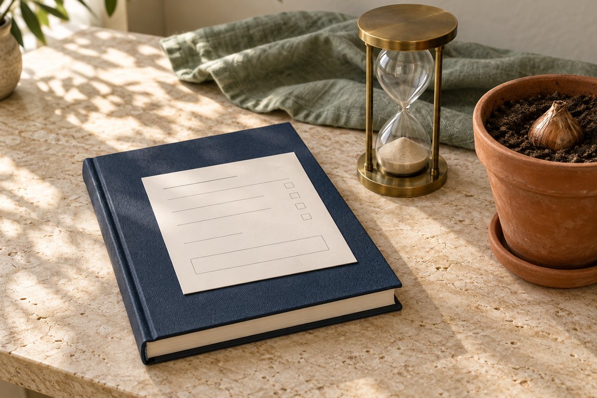 Closed navy ledger with a blank card on top beside a settled brass hourglass and an unsprouted bulb in a pot.