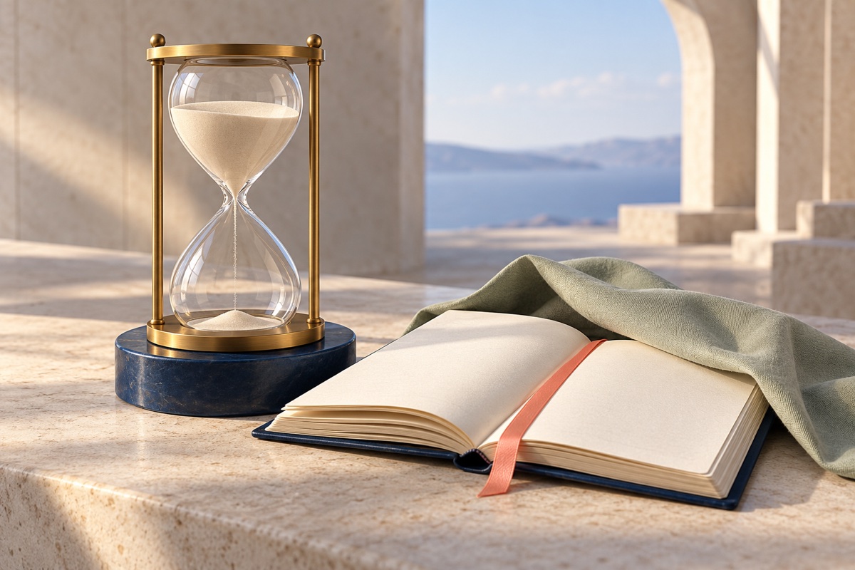 Brass hourglass just turned upright on a navy stone base, beside an open ledger with a coral ribbon and a sage cloth pulled back.