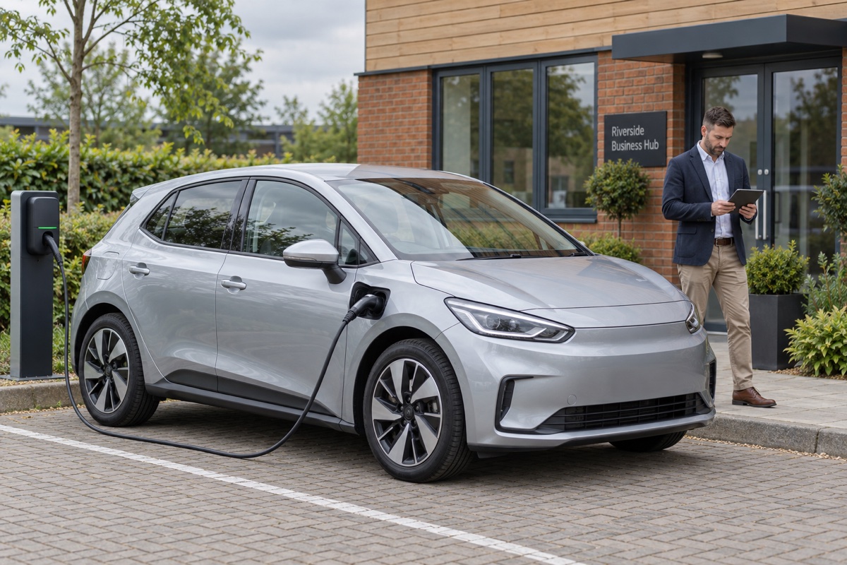 Electric car charging outside a small business while a director reviews a vehicle quote.