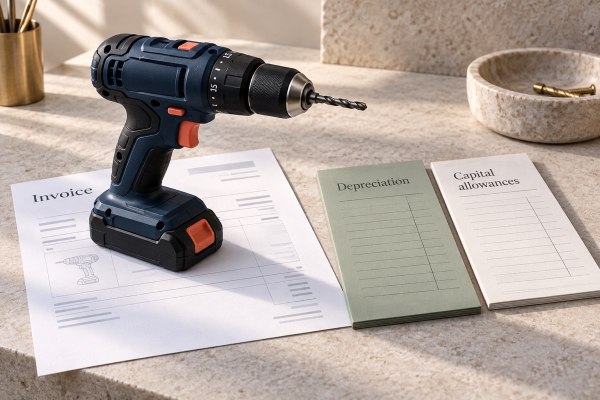 Workshop drill beside a purchase invoice and separate accounting and tax schedules.