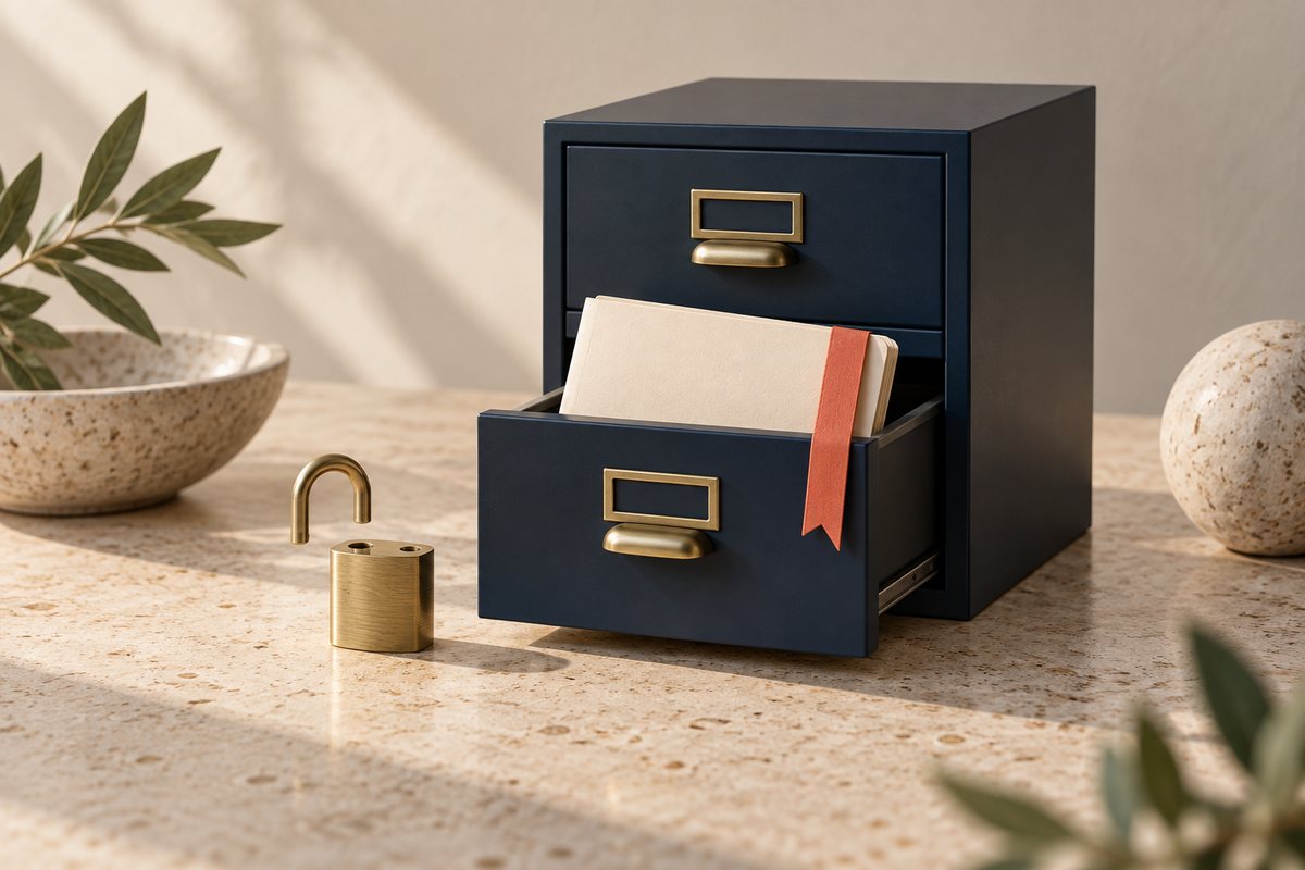 Cream folder sliding into a navy filing drawer with a coral ribbon beside an open brass padlock.