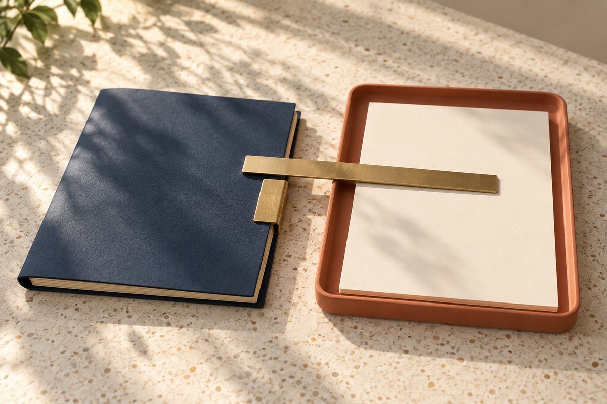 Finished document in a clipped folder beside a blank form on a tray, linked by a brass ruler.