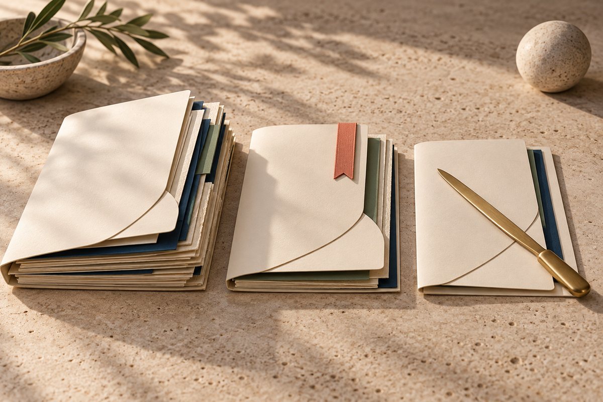 Three cream folders from thick to slim, with a coral bookmark in the middle one and a brass letter opener on the slimmest.
