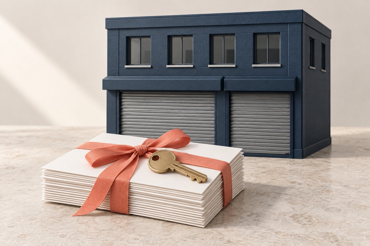 Company building with shutters down behind a final bundle of papers tied with ribbon and a key.
