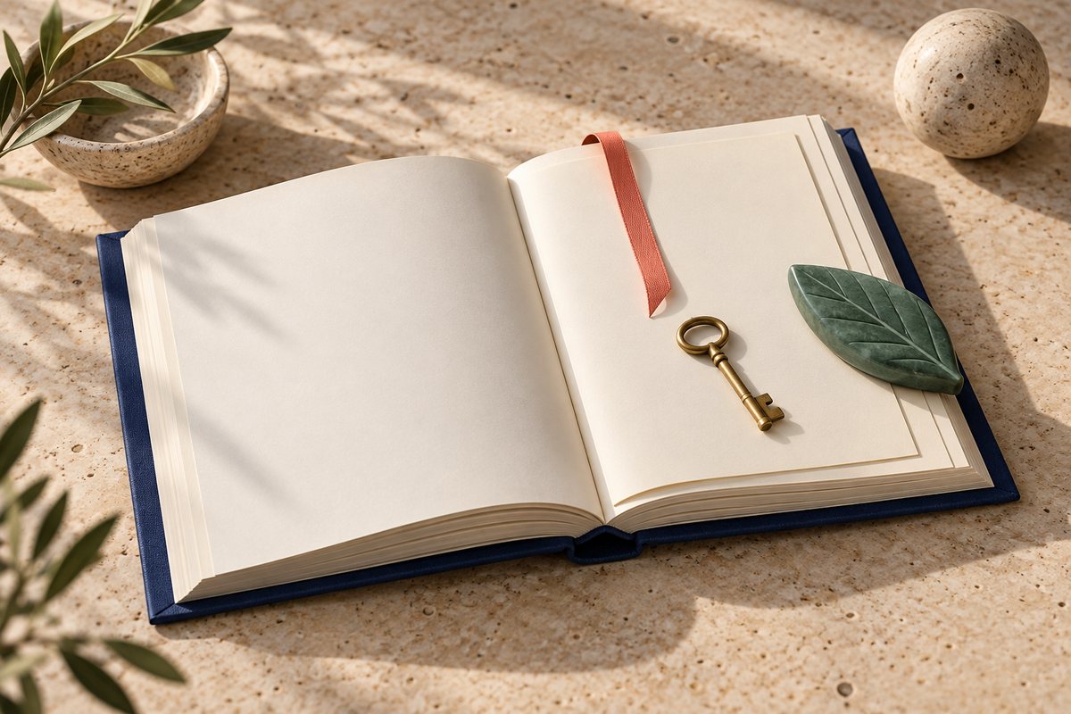 Open navy hardback book with a new cream insert page, a coral ribbon, a brass key and a sage leaf paperweight.