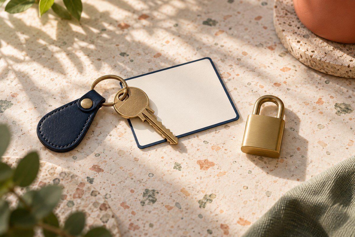 Brass key and navy key fob resting on a blank login card next to a closed padlock.