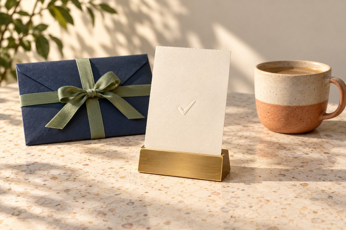 Cream receipt card with an embossed tick in a brass holder beside a ribboned envelope.