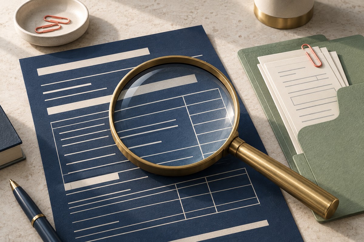 Brass magnifying glass over a navy return document beside a green folder of receipts.