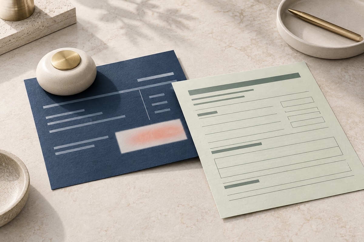 Navy bill with a blurred estimated amount under a paperweight, with a completed green return placed beside it.