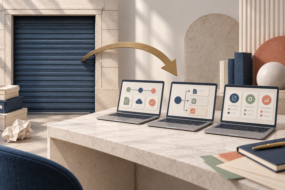 Closed filing-service shutter with an arrow toward three software options.