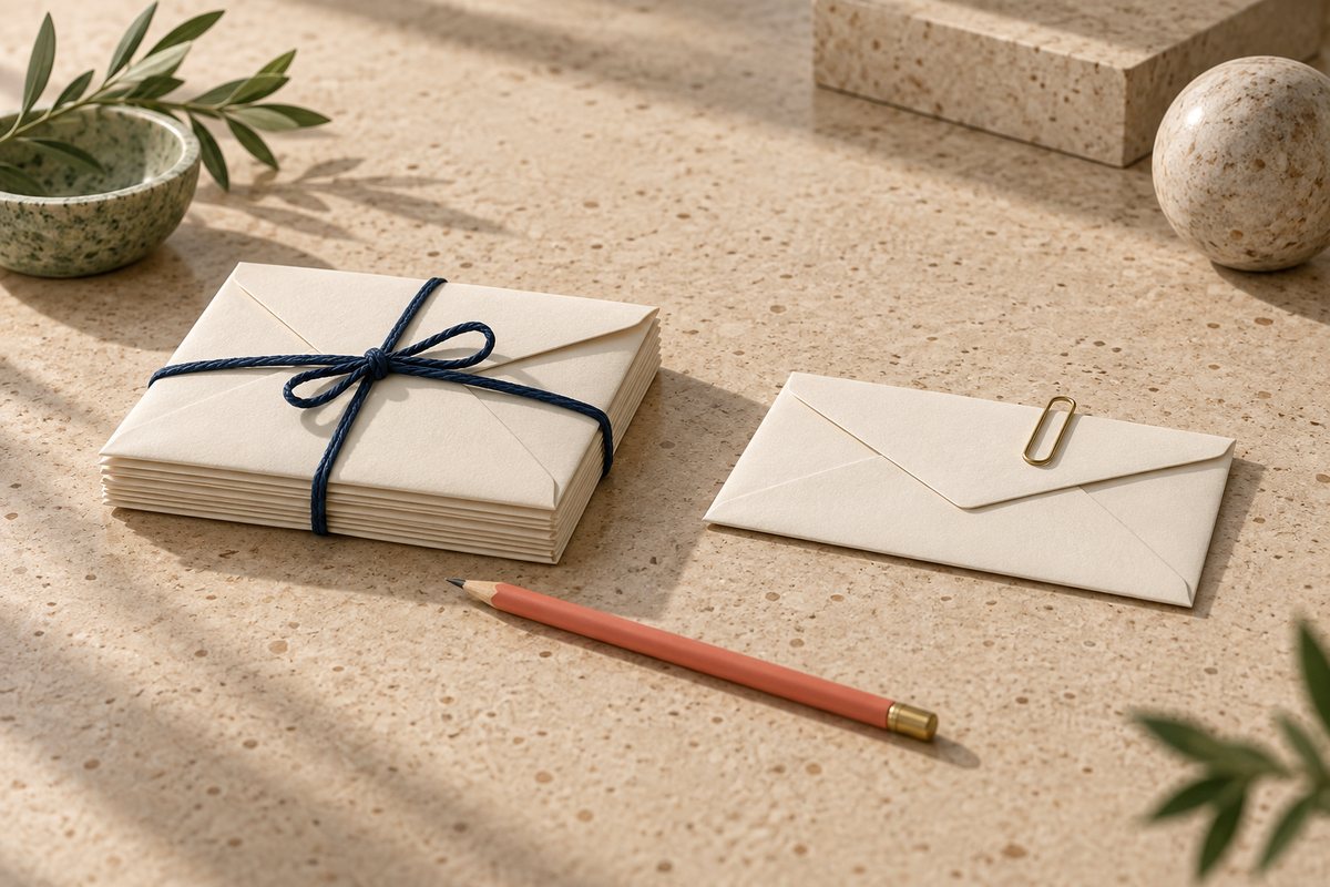 Thick bundle of envelopes tied with navy cord beside one slim clipped envelope and a coral pencil.