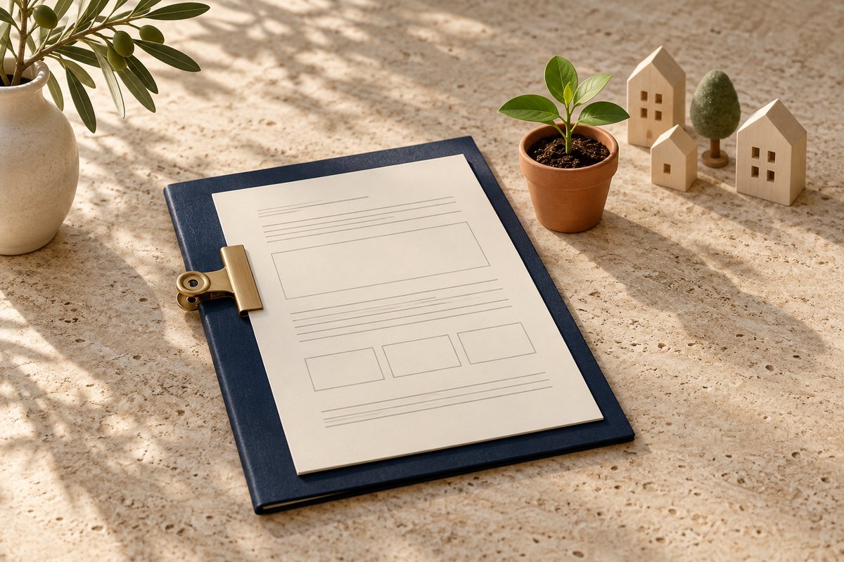 Blank report sheet clipped to a navy accounts folder beside a potted seedling and small wooden model houses.