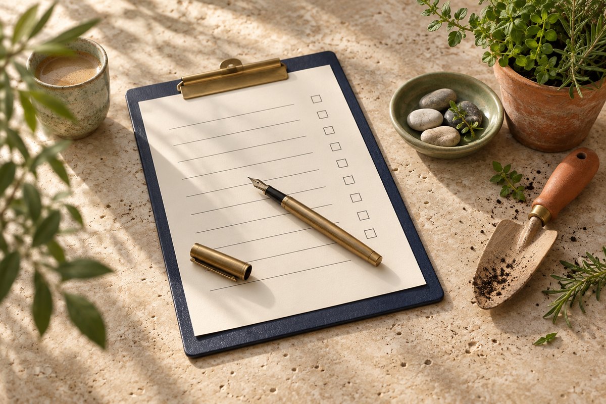 Brass fountain pen on a clipboard form with empty tick boxes beside a garden trowel and a pot of herbs.