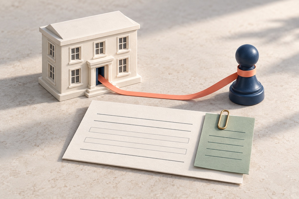 Company building tied by a ribbon to a director token, with a loan card and a clipped supplementary sheet.