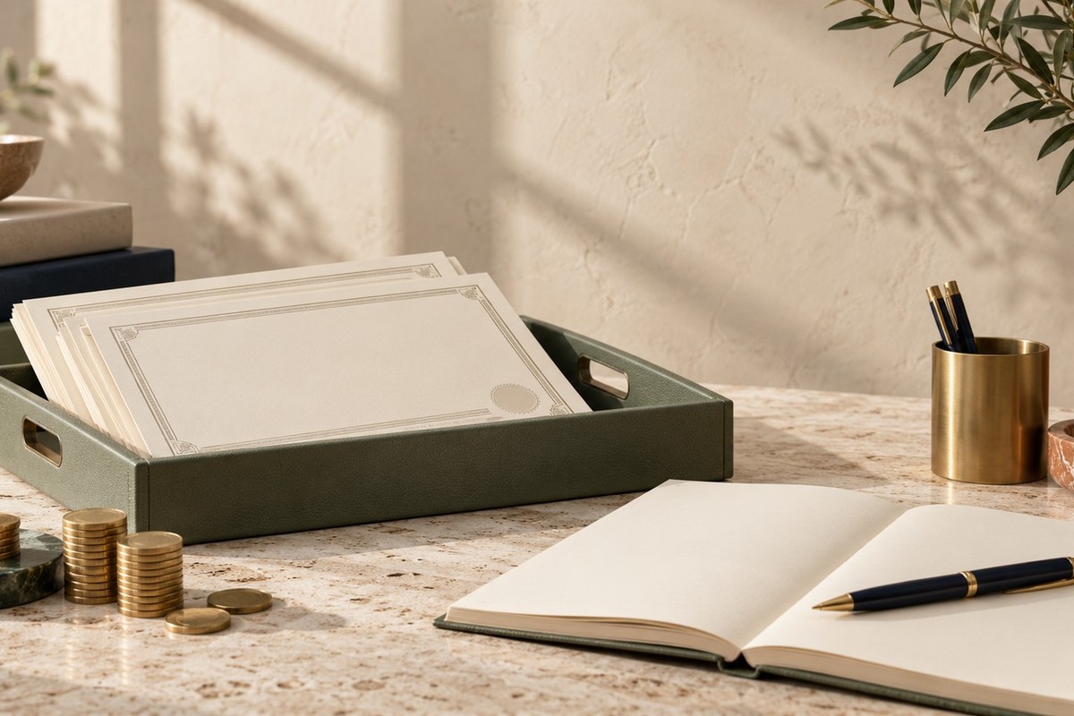 Green portfolio tray with blank investment certificates, brass coins and an open ledger.