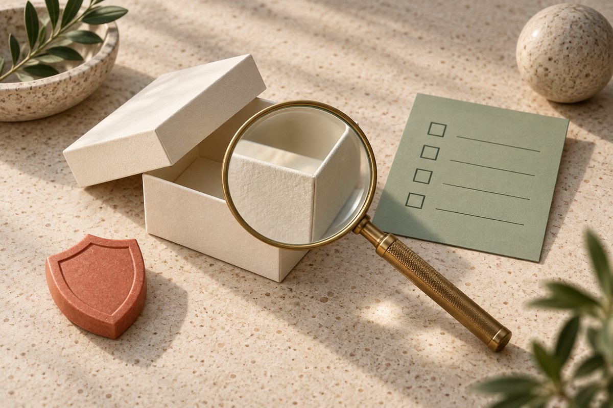 Brass magnifying glass inspecting an open cream box beside a blank checklist card and a coral shield.