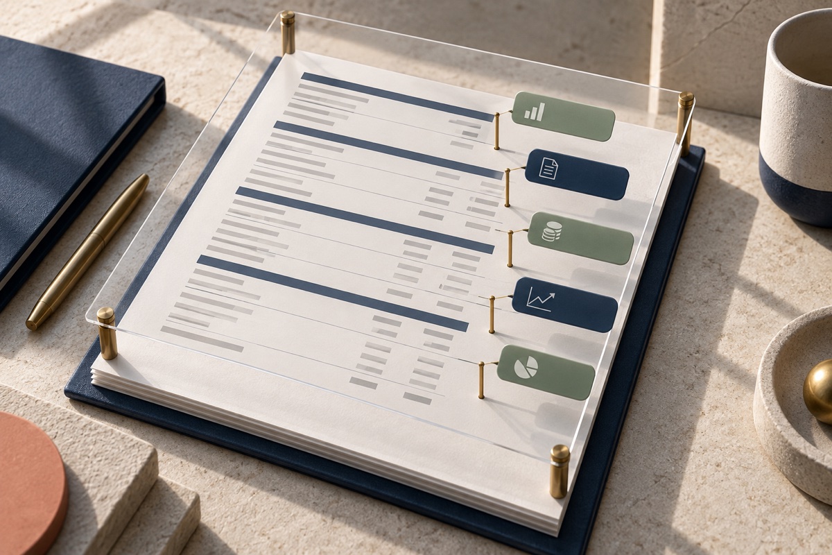 Readable accounts beneath a transparent layer with tags aligned to financial data.