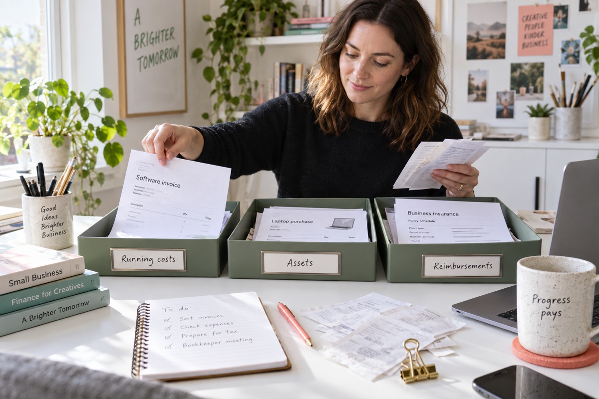 Company owner sorting invoices into running costs, assets and reimbursements.