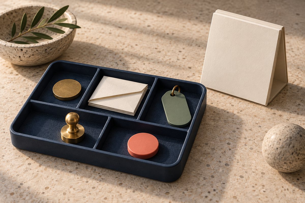 Navy tray with five compartments holding a coin, a letter, a key tag, a stamp and a coral token.