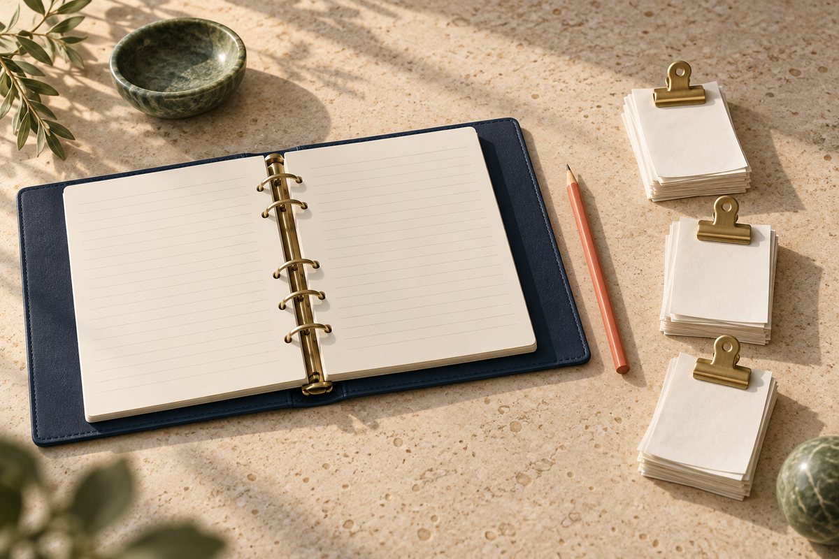 Open ring binder with ruled pages beside three clipped stacks of receipts and a coral pencil.