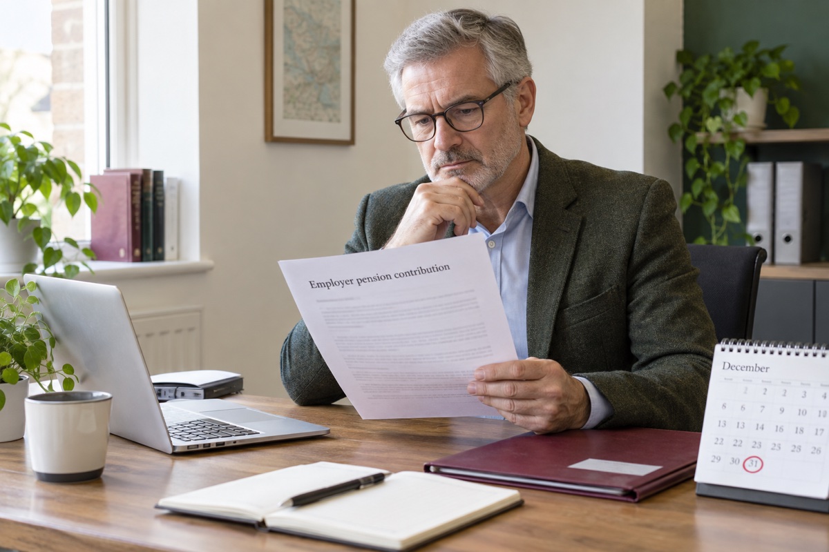 Director checking a company pension payment against the business year-end calendar.